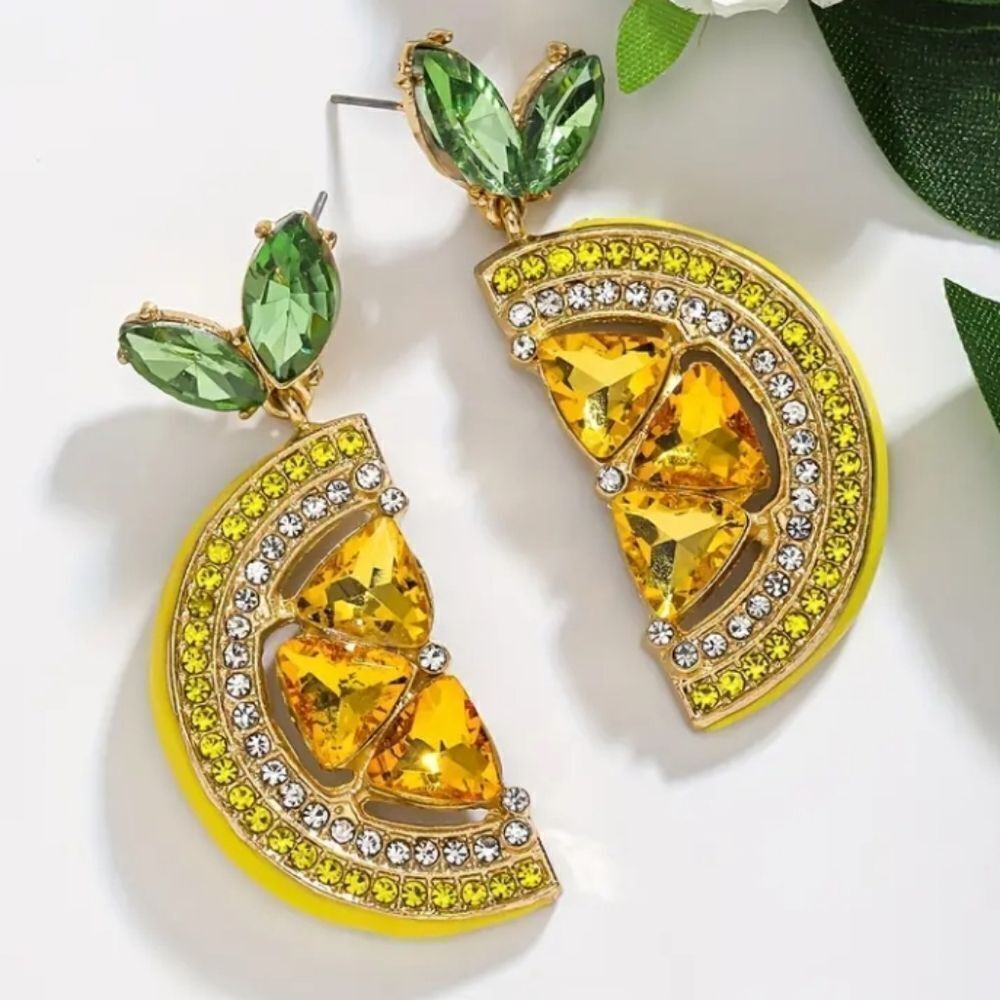 Yellow & Green Rhinestone Lemon Slice Earrings